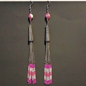 Chic Pink and Silver Beaded Tassel Earrings